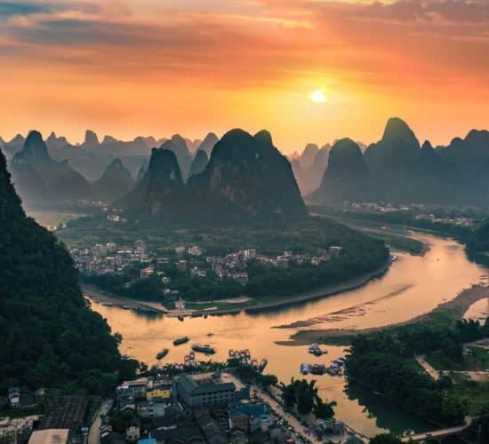 The Li River and karst peaks at sunset